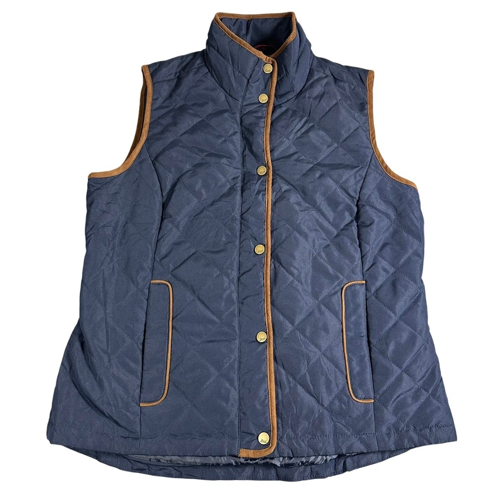 GH Bass Womens Quilted Vest Navy Blue Brown Trim Snap Front Mock Neck Medium